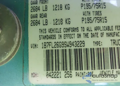 1995 Dodge Dakota z USA, uszkodzony, nr VIN 1B7FL26G9SW943229